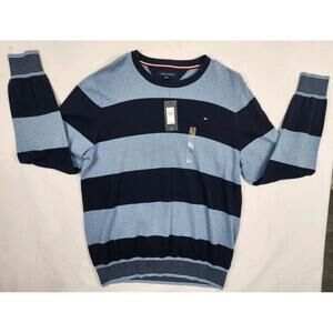 Tommy Hilfiger Mens Large Blue Striped Crew Neck Pullover Casual Sweater NWT